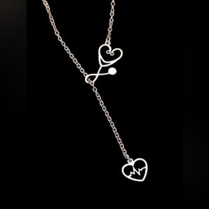 Elegant Silver stethoscope   Necklaceheartbeat-lined heart pendant